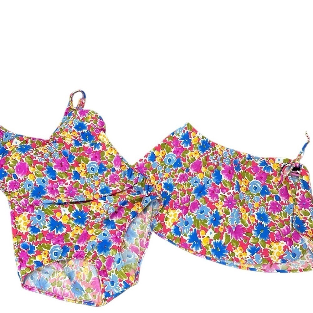 Vtg Sea Waves Floral Bathing Suit with Beach‎ Skirt Cover Up 16 Bright Co…